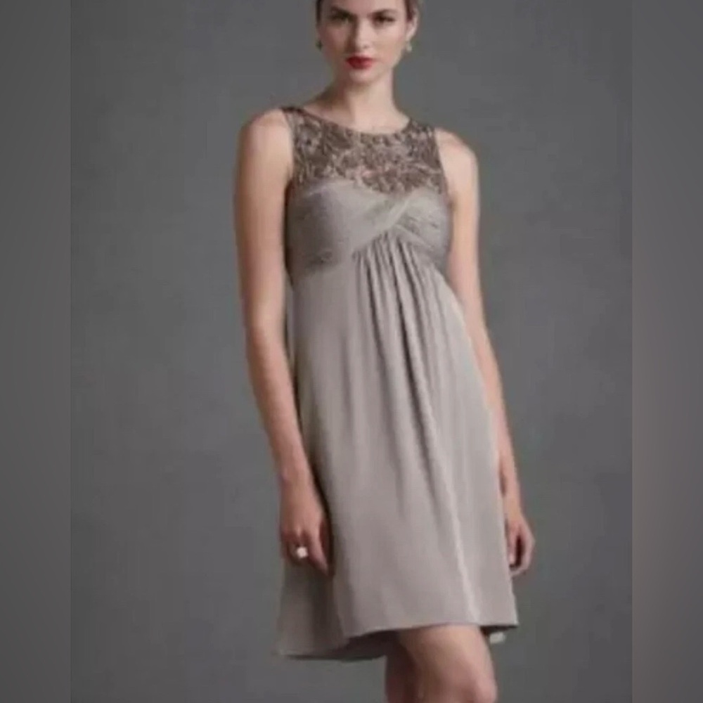 Sleeveless Lace Yoke Empire-Waist Dress in Taupe